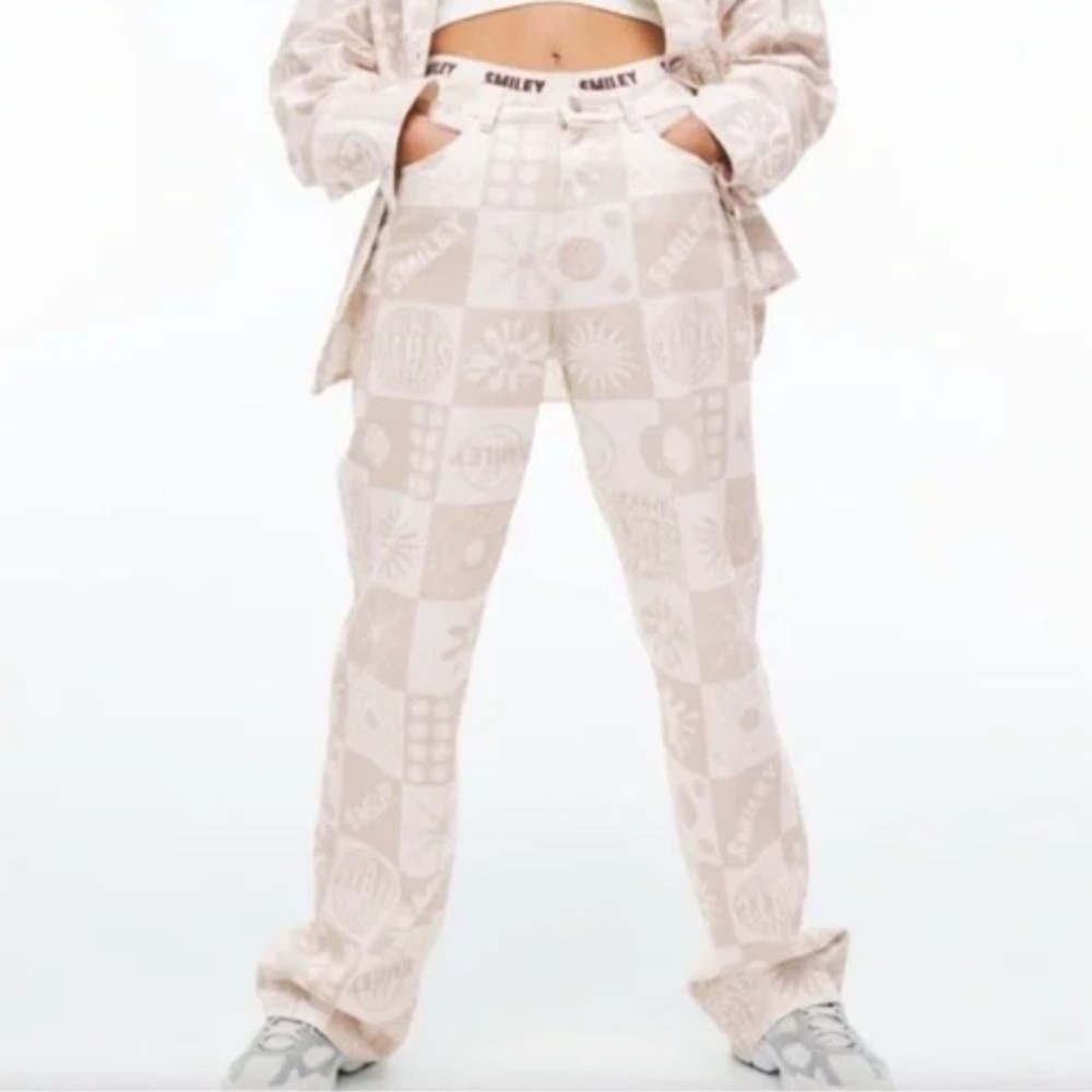 Smiley X H&M Women 4 Printed Twill Y2K Skater High Waist Loose Wide Leg Pants